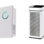 Two modern air purifiers: one circular with light, one rectangular metallic, from A-Plus Air Conditioning.