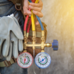 Person in work gloves holding refrigeration gauges for HVAC maintenance by A-Plus Air Conditioning & Home Solutions.
