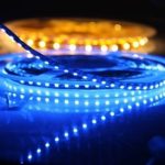 Coiled blue and yellow LED light strips, perfect for home decoration by A-Plus Air Conditioning & Home Solutions.