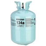 Light blue refrigerant cylinder (R-134a) with a handle for transport, used in HVAC systems by A-Plus Air Conditioning.