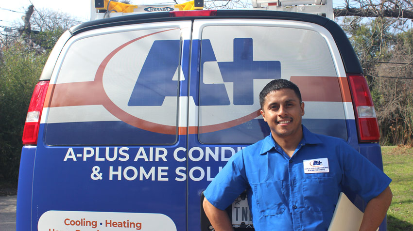 A-Plus Air Conditioning & Home Solutions Truck with Technician