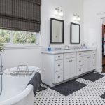 Modern bathroom featuring a freestanding bathtub, dual mirrors above a white vanity, and black and white tiled flooring, highlighting stylish design elements for bathroom remodeling.